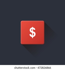 money icon or button in flat style with long shadow, isolated vector illustration on transparent background