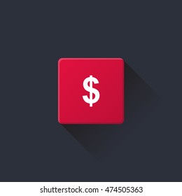 money icon or button in flat style with long shadow, isolated vector illustration on transparent background
