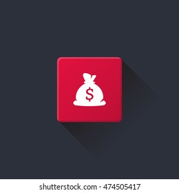 money icon or button in flat style with long shadow, isolated vector illustration on transparent background