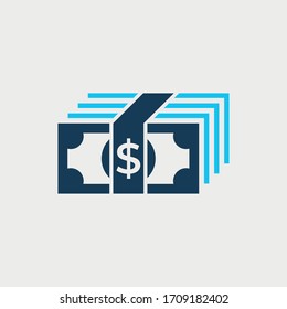 Money icon, cash bundle, dollar sign, blue money vector