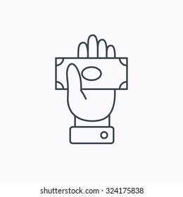 Money icon. Cash in giving hand sign. Payment symbol. Linear outline icon on white background. Vector