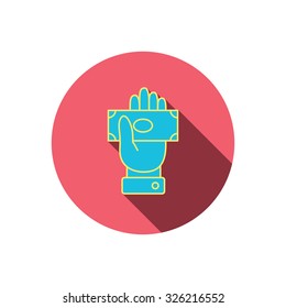 Money icon. Cash in giving hand sign. Payment symbol. Red flat circle button. Linear icon with shadow. Vector