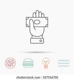 Money Icon. Cash In Giving Hand Sign. Payment Symbol. Global Connect Network, Ocean Wave And Burger Icons. Lightbulb Lamp Symbol.