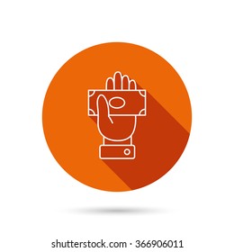 Money icon. Cash in giving hand sign. Payment symbol. Round orange web button with shadow.