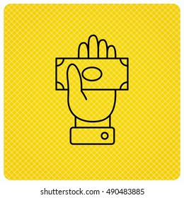 Money icon. Cash in giving hand sign.