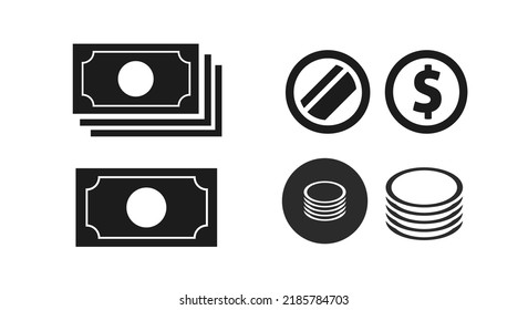 Money icon or coin dollar cash pictogram simple plain vector symbol line art outline style black and white illustration, metal and paper currency pile heap isolated