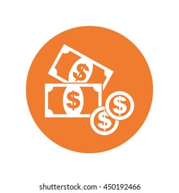 Money icon. Coins flat vector illustration on orange background