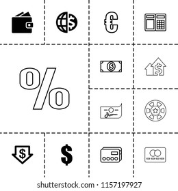 Money icon. collection of 13 money filled and outline icons such as dollar down, dollar, euro, credit card, wallet, atm, casino chip. editable money icons for web and mobile.