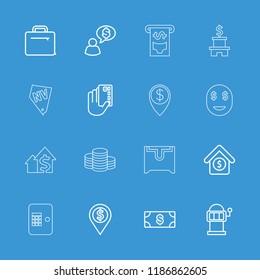 Money icon. collection of 16 money outline icons such as slot machine, credit card in hand, dollar location, case, house sale, atm. editable money icons for web and mobile.