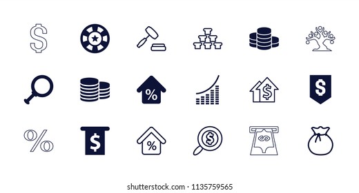 Money icon. collection of 18 money filled and outline icons such as coin, mortgage, sack, dollar search, dolar growth, gold, auction. editable money icons for web and mobile.
