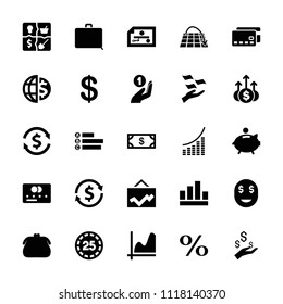 Money icon. collection of 25 money filled icons such as credit card, coin, graph, purse, piggy bank, check, move on map. editable money icons for web and mobile.