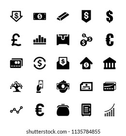 Money icon. collection of 25 money filled icons such as dollar down, payment, gold, dollar, euro, bank, safe, house sale, card, check. editable money icons for web and mobile.