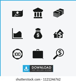 Money icon. collection of 9 money filled icons such as bank, 100 casino chip, dolar growth, dollar search, check, graph. editable money icons for web and mobile.