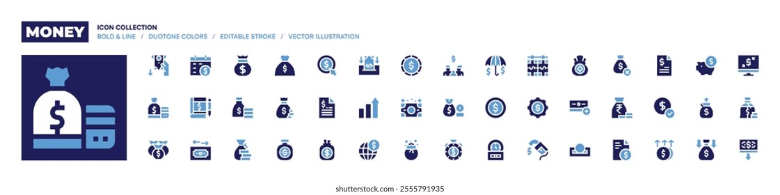 Money icon collection. Bold style. Duotone colors. pay day, pay per click, book keeping, financial, money bag, money withdrawal, money exchange.