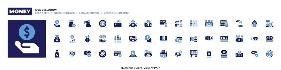 Money icon collection. Bold style. Duotone colors. price up, money, credit card, coin, savings, deposit, corruption, finance, money bag, money management.