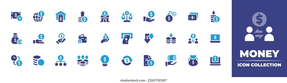 Money icon collection. Duotone color. Vector illustration. Containing poverty, investment, house, growth, home, scale, share, debt, dollar, loss, money bag, funding, cashback, add, give money.