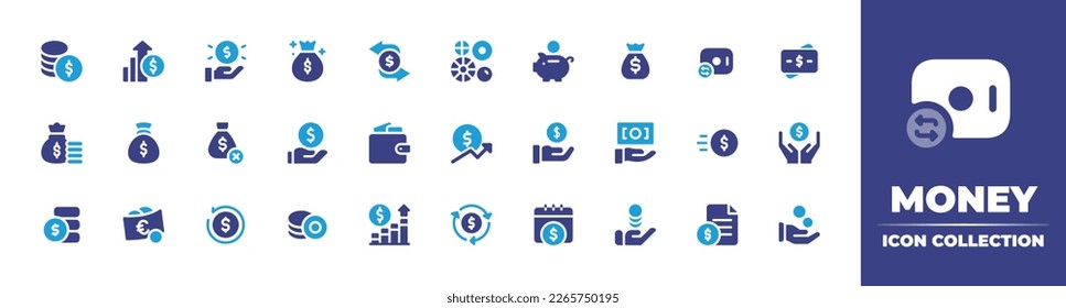 Money icon collection. Duotone color. Vector illustration. Containing money, profit, bag, coins, save money, no money, loan, wallet, growth, payment, back guarantee, coin, euro, cashback.