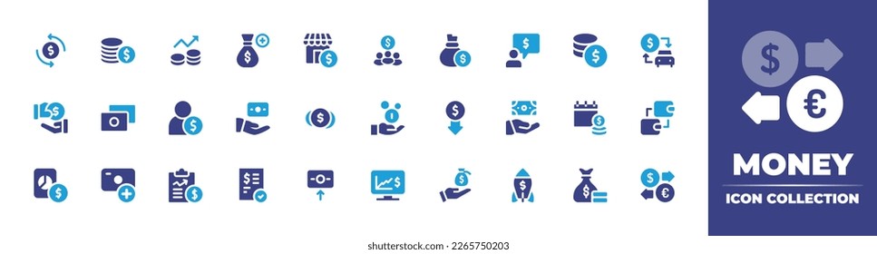 Money icon collection. Duotone color. Vector illustration. Containing cash back, coin stack, profit, add, shop, team, money bag, messenger, coins, car sharing, offering, money, employee, share, coin.