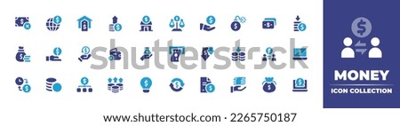 Money icon collection. Duotone color. Vector illustration. Containing poverty, investment, house, growth, home, scale, share, debt, dollar, loss, money bag, funding, cashback, add, give money.