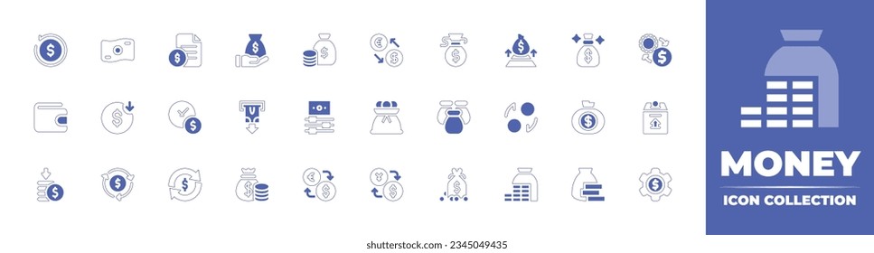 Money icon collection. Duotone style line stroke and bold. Vector illustration. Containing cashback, money, file, bag, exchange, wallet, dollar, time, is, withdrawal, management, bags, and more.