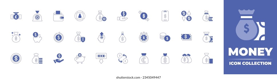 Money icon collection. Duotone style line stroke and bold. Vector illustration. Containing money, flow, bag, wallet, get, transfer, online, banking, piggy, bank, back, growth, time, and more.