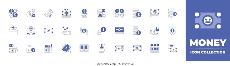 Money icon collection. Duotone style line stroke and bold. Vector illustration. Containing time, is, money, box, bag, laundering, flying, and more.