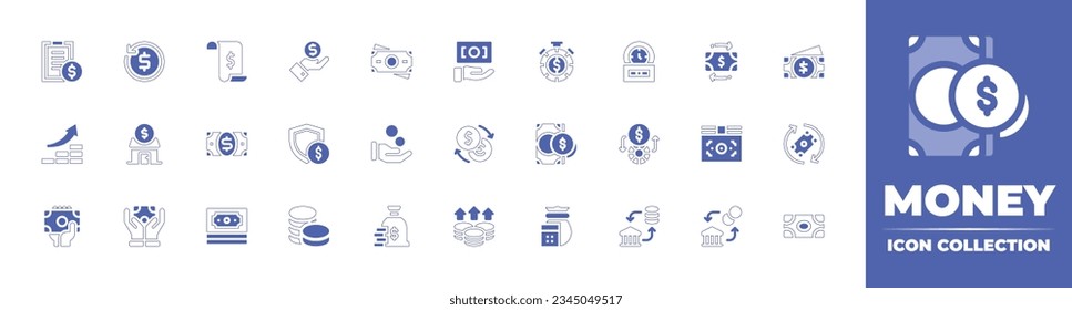Money icon collection. Duotone style line stroke and bold. Vector illustration. Containing cost, transaction, history, money, value, back, guarantee, time, is, flow, increase, home, and more.