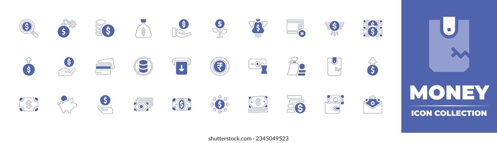 Money icon collection. Duotone style line stroke and bold. Vector illustration. Containing money, debt, dollar, bag, payment, grow, no, revenue, credit, card, return, withdraw, rupee, loss, and more.