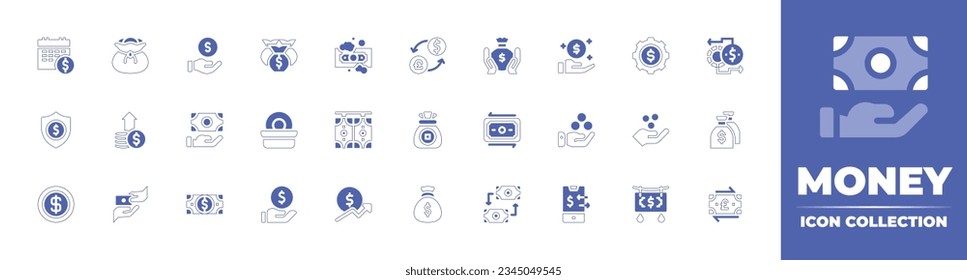 Money icon collection. Duotone style line stroke and bold. Vector illustration. Containing salary, money, bag, save, laundering, exchange, growth, transfer, get, dollar, donation, loan, and more.
