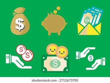 Icono de dinero colección Incluyendo todo, desde billetes de dólar a monedas y huchas. Diseñado en un estilo plano con trazos gruesos. Vector sobre un fondo verde.