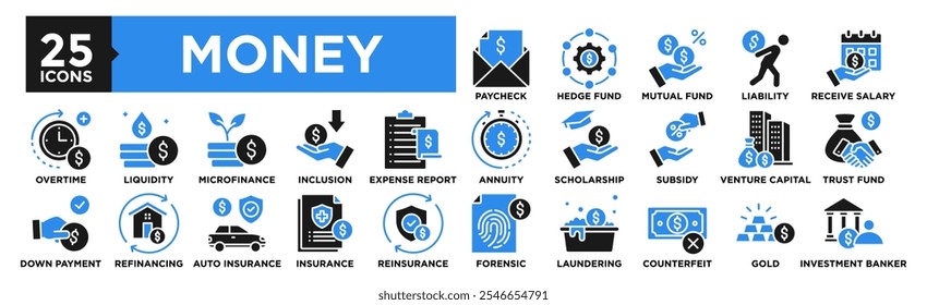 Conjunto de coleta de ícones Money. Contendo financiamento de projetos, dinheiro, negócios, financeiro, bancário, investimento	