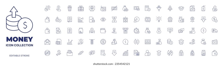 Colección de iconos de dinero. Icono de línea delgada. Trazo editable.