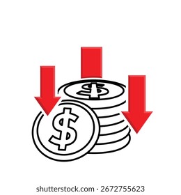 Ícone Moeda. Depreciação de moeda. Pilha de moedas e uma seta para baixo. Pagamentos, negócios, dinheiro. Estilo de design misto.