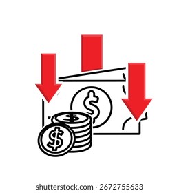 Icono de dinero. Depreciación de moneda. Pila de monedas y billetes con una flecha hacia abajo. Pagos, negocios, efectivo. Estilo de diseño mixto.
