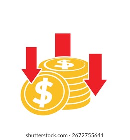 Money icon. Currency depreciation. Stack of coins and a down arrow. Payments, business, cash. Flat design style.