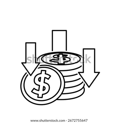 Money icon. Currency depreciation. Stack of coins and a down arrow. Payments, business, cash. Outline design style.