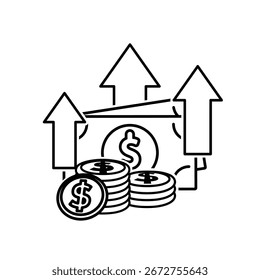 Icono de dinero. Aumento de la moneda. Pila de monedas y billetes con tres flechas ascendentes. Pago, negocio, efectivo. Estilo de diseño de contorno.