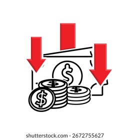 Icono de dinero. depreciación. Pila de monedas y billetes con tres flechas hacia abajo. Pagos, negocios, efectivo. Estilo de diseño mixto.
