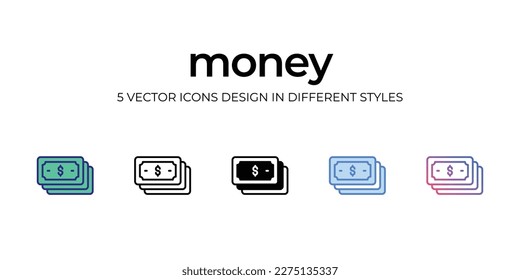 money Icon Design in Five style with Editable Stroke. Line, Solid, Flat Line, Duo Tone Color, and Color Gradient Line. Suitable for Web Page, Mobile App, UI, UX and GUI design.