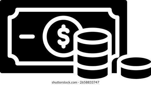 Icono del dinero: Billete de dólar y pila de monedas