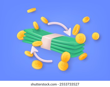 Money icon with dollar coin icon. Round Arrow with Dollar Banknotes. 3D Web Vector Illustrations.