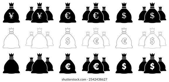 Money icon dollar euro currency cash bank deposit business wealth investment earning tax success icons buttons set 