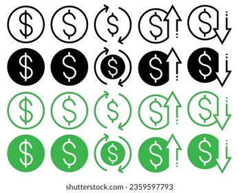 Money icon. Dollar payment in business finance symbol. Price goes up or down in investment vector. Return on capital or revert bank loan sign.