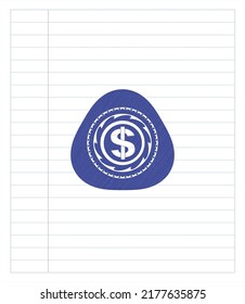 money icon drawn with pen strokes. Blue ink. Vector Illustration. Detailed. 