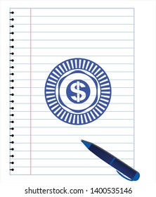 money icon emblem draw with pen effect. Blue ink. Vector Illustration. Detailed.