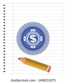 money icon emblem with pen effect. Blue ink. Vector Illustration. Detailed.