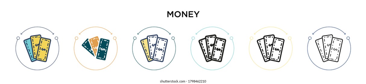Money icon in filled, thin line, outline and stroke style. Vector illustration of two colored and black money vector icons designs can be used for mobile, ui, web
