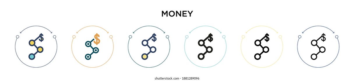 Money icon in filled, thin line, outline and stroke style. Vector illustration of two colored and black money vector icons designs can be used for mobile, ui, web