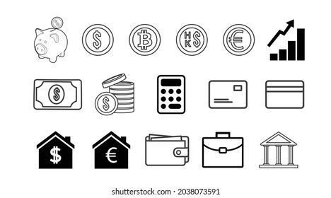Symbol für Geld und Finanzen gesetzt. Vektor-einzelne bearbeitbare Illustrationssatz