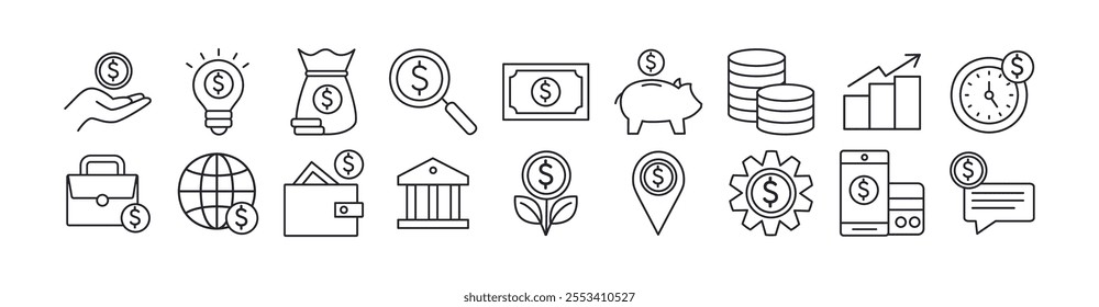 Money icon. Finance withdraw. Deposit cards. Bank exchange. Dollar currency. Financial savings or investment. Credit at ATM. Payment wallet. Commerce UI symbols. Vector line tidy economy signs set